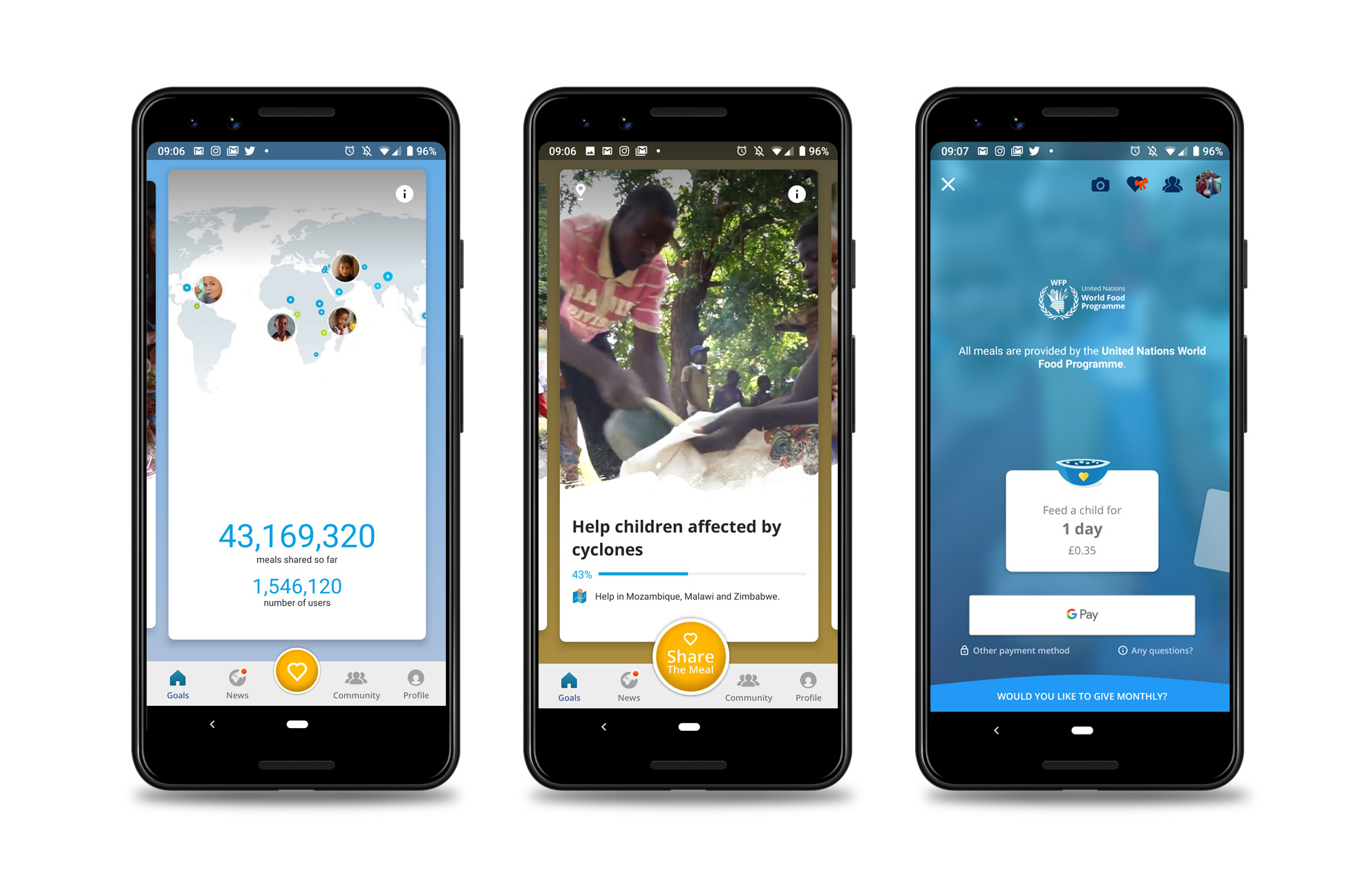 Three mobile phone showcasing the Sharethemeal app