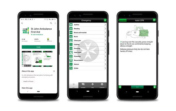 Three mobile phones showcasing the St johns ambulance app